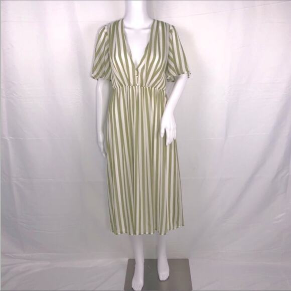 SMY MuMu Cream Olive Green Stripes V-Neck Short Sleeves Midi Dress SzM NWT - Picture 3 of 16